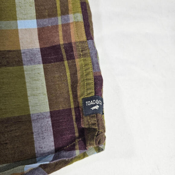 Toad & Co Short Sleeve Button Green Plaid Men's Shirt Organic Cotton L - Picture 5 of 7